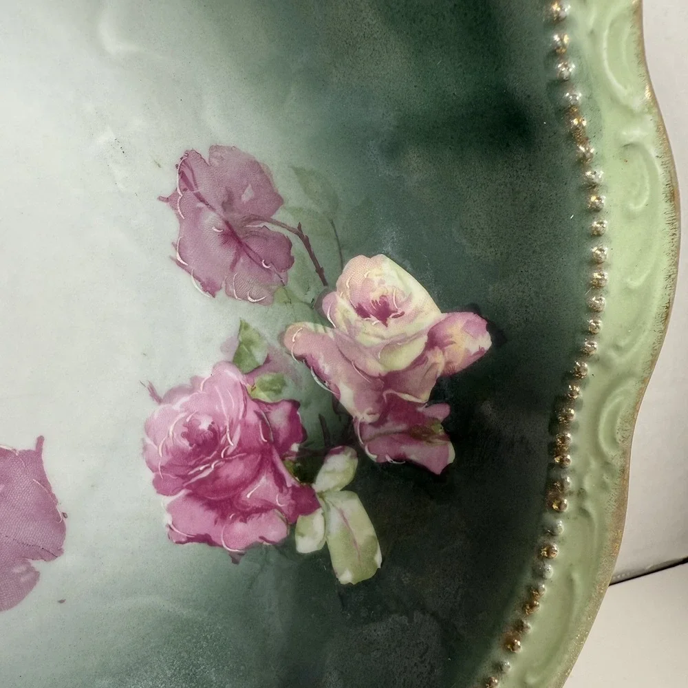 Three Crown China Germany Hand Painted Bowl Roses Gilt Edge‎ 9.5